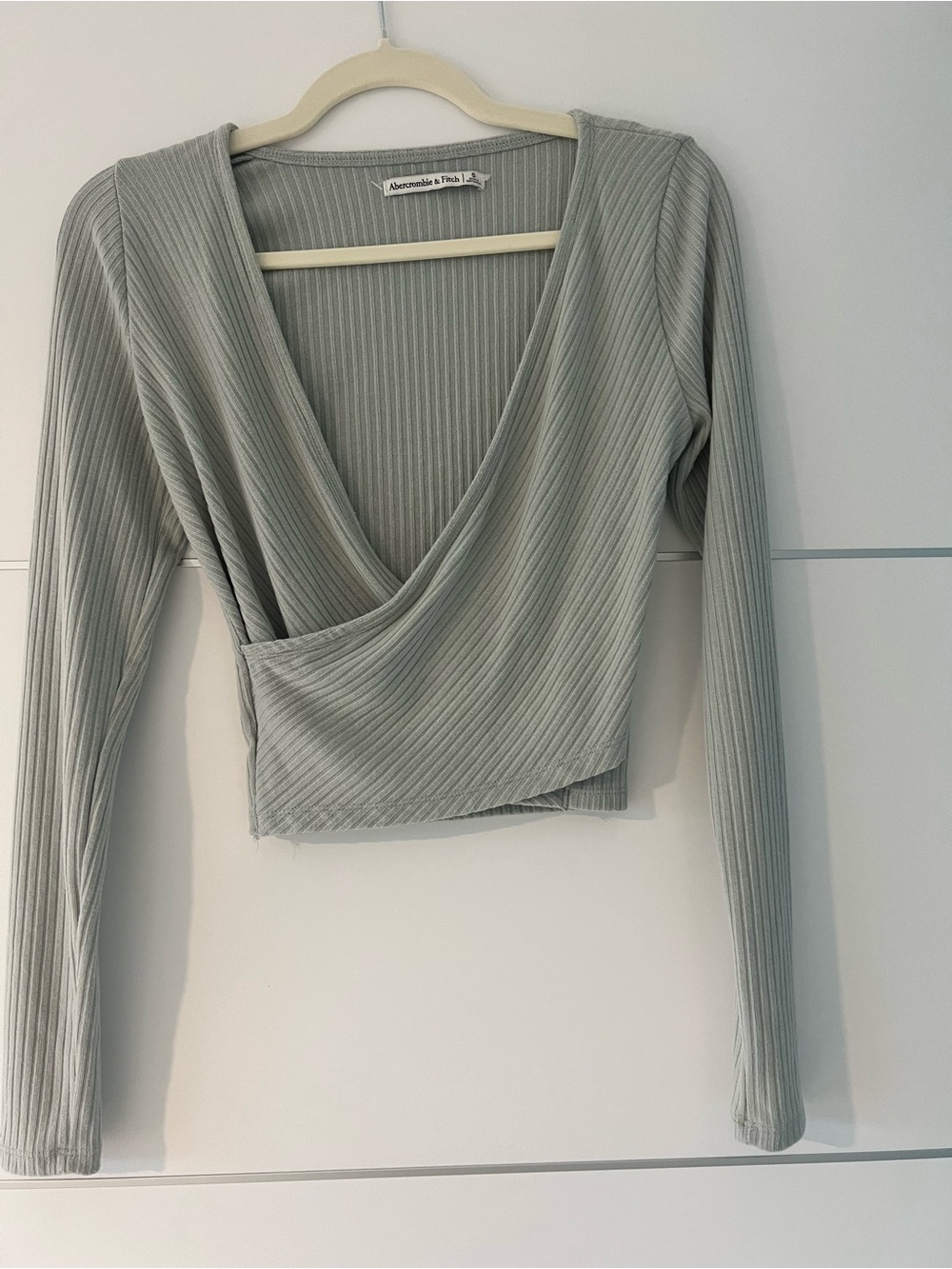Abercrombie & Fitch Light Sage Ribbed Wrap Long Sleeve Top